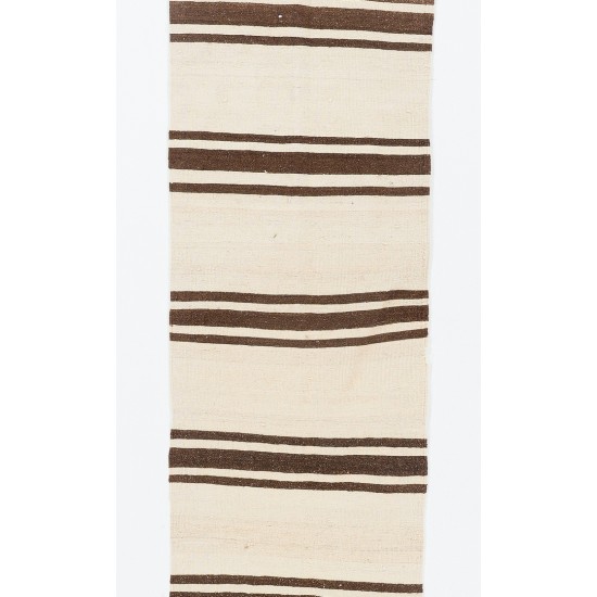 Narrow Striped Hand-Woven Kilim Runner Made of Natural Undyed Wool. Vintage Turkish Hallway Runner. 2.3 x 15 Ft (70 x 460 cm)