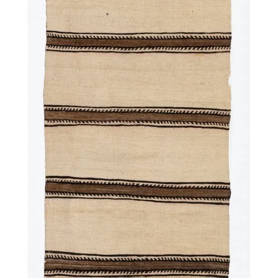 Adjustable' Banded Vintage Turkish Double Sided Wool Runner Kilim in Beige, Brown and Black Color. 2.4 x 10.2 Ft (73 x 310 cm)