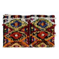 Handmade 1970s Turkish Kilim with Colorful Poms. Bed, Floor, Sofa Cover. 3 x 3.3 Ft (91 x 100 cm)