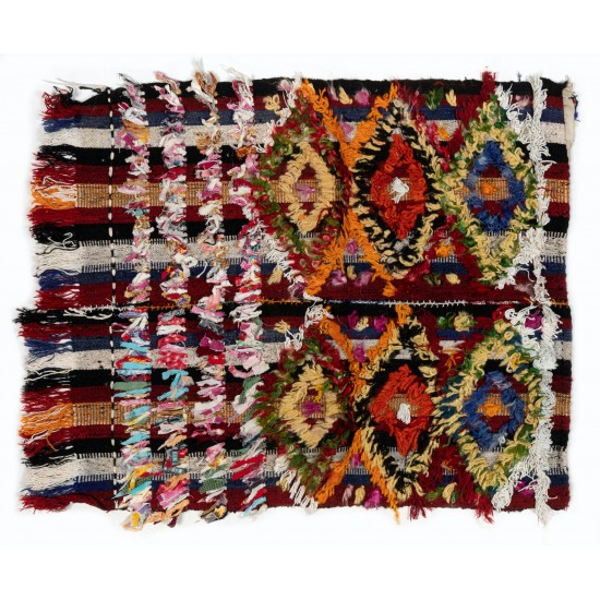 Handmade 1970s Turkish Kilim with Colorful Poms. Bed, Floor, Sofa Cover. 3 x 3.3 Ft (91 x 100 cm)