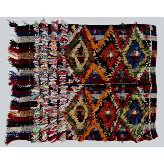 Handmade 1970s Turkish Kilim with Colorful Poms. Bed, Floor, Sofa Cover. 3 x 3.5 Ft (94 x 105 cm)