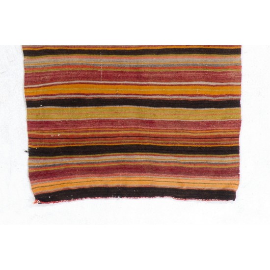 Multicolor Nomadic Turkish Kilim "Flat-Weave", Striped Handmade Wool Rug (Reversible). 3.2 x 4.3 Ft (95 x 130 cm)