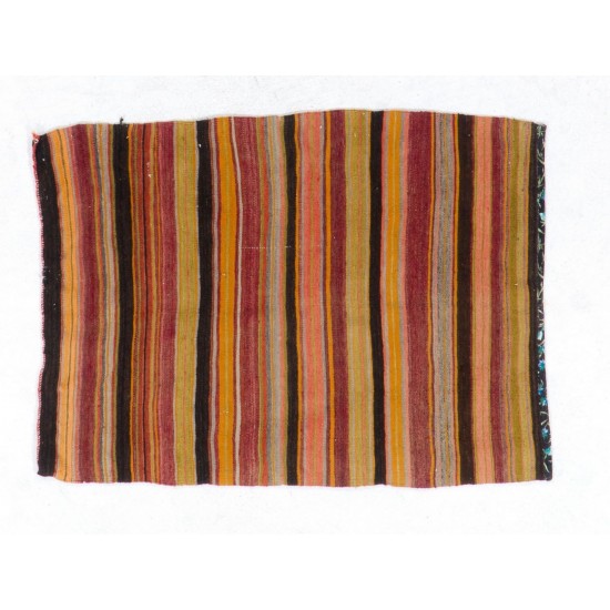 Multicolor Nomadic Turkish Kilim "Flat-Weave", Striped Handmade Wool Rug (Reversible). 3.2 x 4.3 Ft (95 x 130 cm)