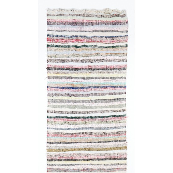 Narrow and Long Vintage Turkish Striped Cotton Runner Kilim "Flat-Weave" for Hallway Decor. 3.2 x 19 Ft (96 x 580 cm)