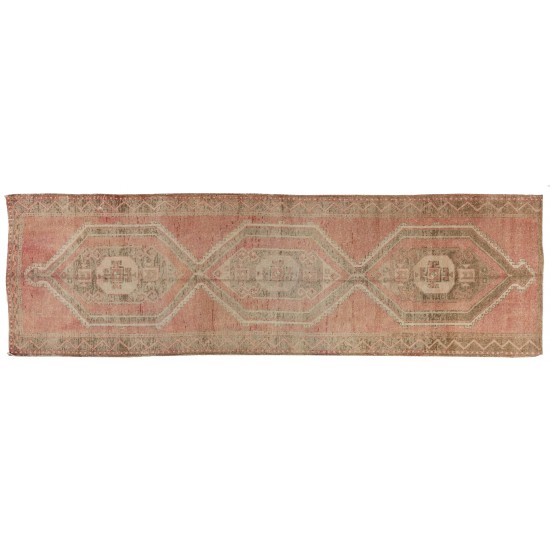 Vintage Turkish Tribal Runner Rug, Authentic Handmade Hallway Runner. 3.3 x 11 Ft (100 x 337 cm)