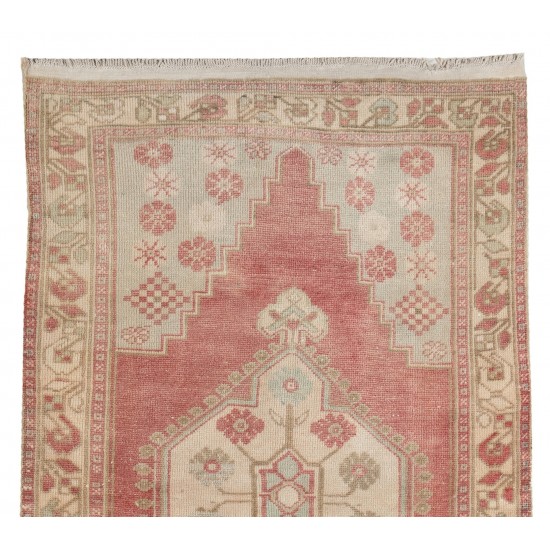 Traditional Hand-Knotted Turkish Village Rug Made of Wool. 3.4 x 6.4 Ft (103 x 193 cm)