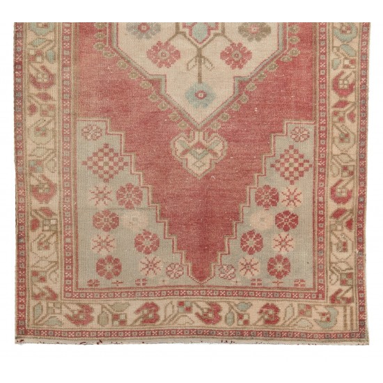 Traditional Hand-Knotted Turkish Village Rug Made of Wool. 3.4 x 6.4 Ft (103 x 193 cm)