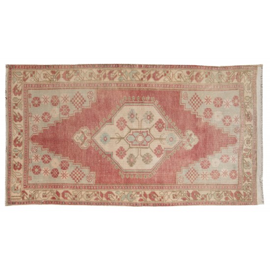 Traditional Hand-Knotted Turkish Village Rug Made of Wool. 3.4 x 6.4 Ft (103 x 193 cm)