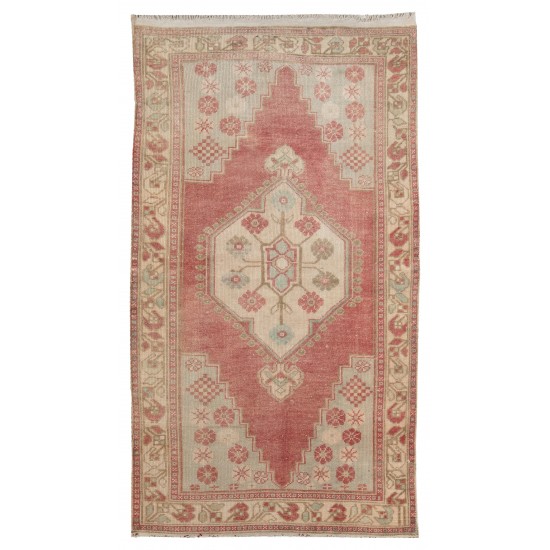 Traditional Hand-Knotted Turkish Village Rug Made of Wool. 3.4 x 6.4 Ft (103 x 193 cm)