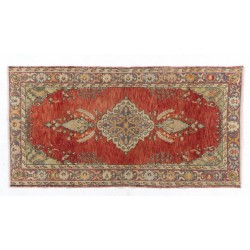 Vintage Oriental Rug, Hand-Knotted Turkish Village Carpet. 3.4 x 6.5 Ft (103 x 196 cm)