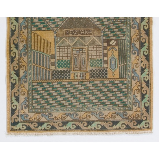 Vintage Handmade Prayer Rug from Konya / Turkey, Inscribed as MEVLANA Rumi, Poet. 3.5 x 5.4 Ft (105 x 164 cm)