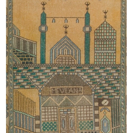 Vintage Handmade Prayer Rug from Konya / Turkey, Inscribed as MEVLANA Rumi, Poet. 3.5 x 5.4 Ft (105 x 164 cm)