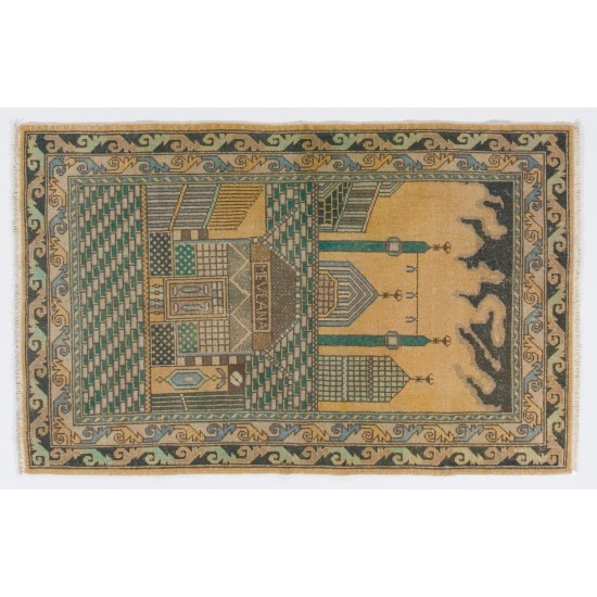 Vintage Handmade Prayer Rug from Konya / Turkey, Inscribed as MEVLANA Rumi, Poet. 3.5 x 5.4 Ft (105 x 164 cm)