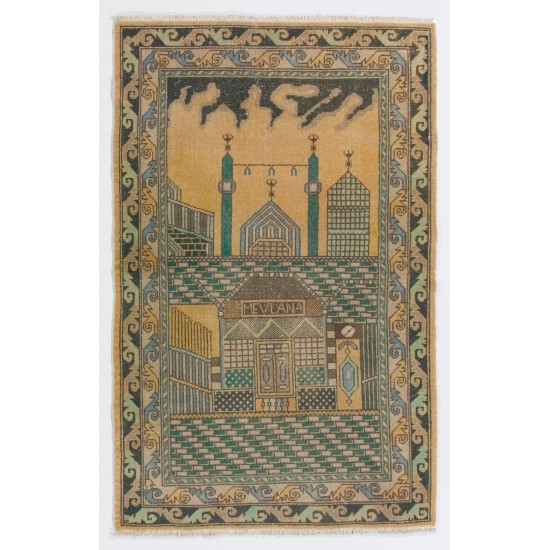Vintage Handmade Prayer Rug from Konya / Turkey, Inscribed as MEVLANA Rumi, Poet. 3.5 x 5.4 Ft (105 x 164 cm)