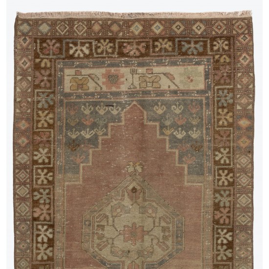 One of a Kind Tribal Oriental Rug, Vintage Handmade Turkish Carpet. 3.5 x 7.3 Ft (105 x 222 cm)