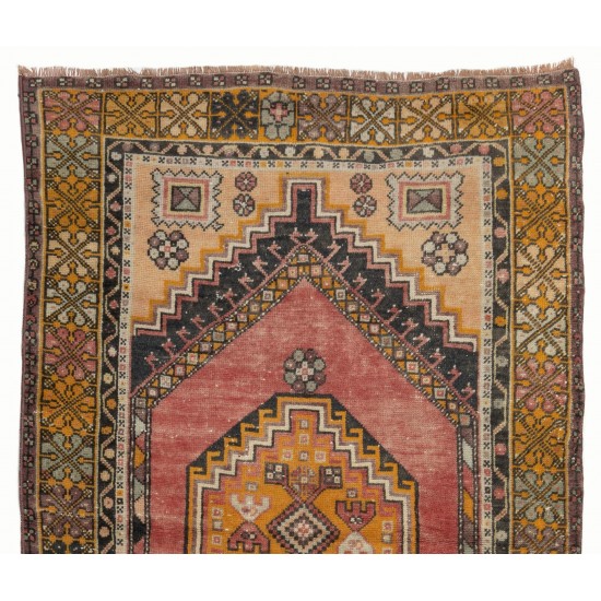 One of a Kind Tribal Oriental Rug, Vintage Handmade Turkish Carpet. 3.5 x 6 Ft (106 x 183 cm)