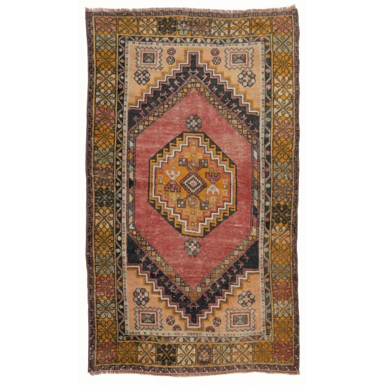 One of a Kind Tribal Oriental Rug, Vintage Handmade Turkish Carpet. 3.5 x 6 Ft (106 x 183 cm)
