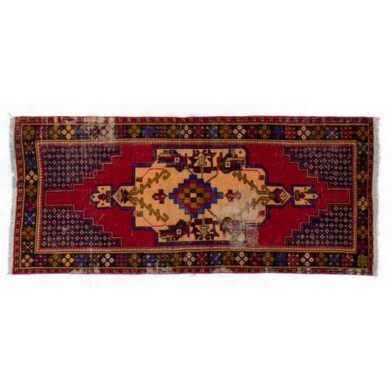 Distressed Handmade Turkish Rug, Geometric Medallion Design Carpet. 3.5 x 8 Ft (106 x 241 cm)