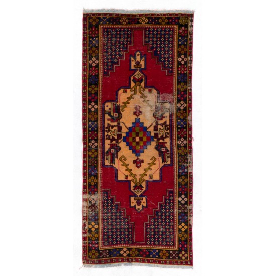 Distressed Handmade Turkish Rug, Geometric Medallion Design Carpet. 3.5 x 8 Ft (106 x 241 cm)