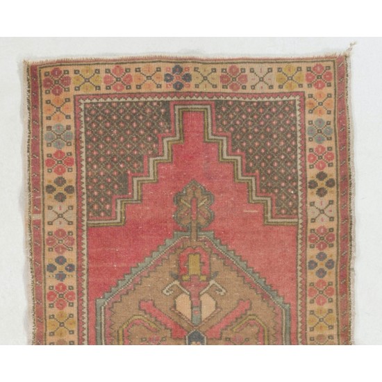 Vintage Geometric Medallion Design Handmade Turkish Konya Accent Rug. 3.6 x 6.4 Ft (107 x 193 cm)