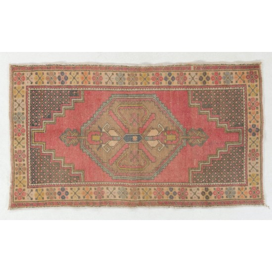 Vintage Geometric Medallion Design Handmade Turkish Konya Accent Rug. 3.6 x 6.4 Ft (107 x 193 cm)