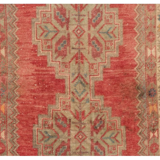 Vintage Handmade Turkish Tribal Style Rug in Red, Orange and Gray Color. 3.6 x 6 Ft (108 x 185 cm)