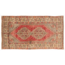Vintage Handmade Turkish Tribal Style Rug in Red, Orange and Gray Color. 3.6 x 6 Ft (108 x 185 cm)