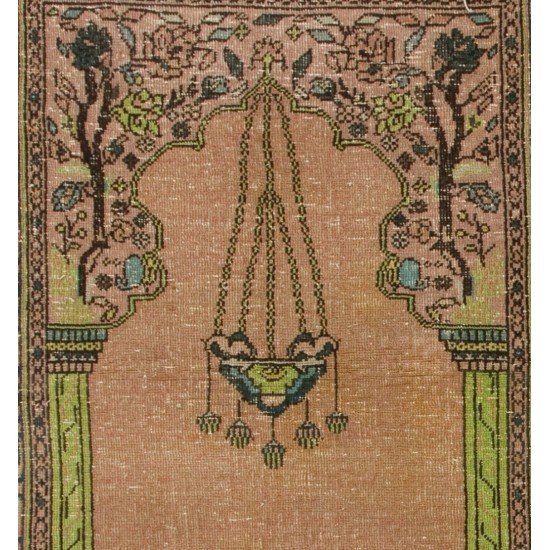 Handmade Vintage Anatolian Prayer Rug depicting a Chandelier, Couple of Columns and Flowers. 3.6 x 5.2 Ft (109 x 156 cm)