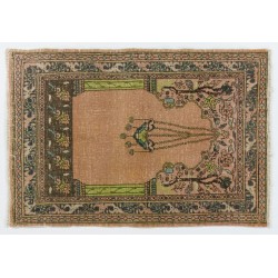 Handmade Vintage Anatolian Prayer Rug depicting a Chandelier, Couple of Columns and Flowers. 3.6 x 5.2 Ft (109 x 156 cm)