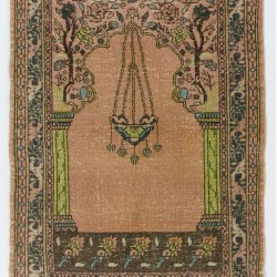 Handmade Vintage Anatolian Prayer Rug depicting a Chandelier, Couple of Columns and Flowers. 3.6 x 5.2 Ft (109 x 156 cm)