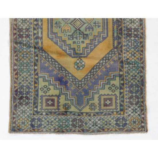 Handmade Vintage Turkish Accent Rug in Rust, Violet Blue, Mint Green and Eggplant Colors. 3.6 x 6 Ft (109 x 184 cm)