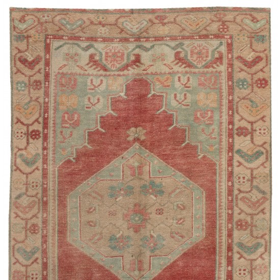 Tribal Style Turkish Rug, Handmade Vintage Carpet, All Wool. 3.7 x 7.7 Ft (110 x 233 cm)