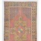 Vintage Handmade Village Rug from Turkey in Soft Red, Mustard Yellow, Green and Gray. 3.7 x 8.7 Ft (110 x 263 cm)