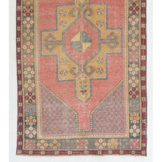 Vintage Handmade Village Rug from Turkey in Soft Red, Mustard Yellow, Green and Gray. 3.7 x 8.7 Ft (110 x 263 cm)