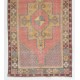 Vintage Handmade Village Rug from Turkey in Soft Red, Mustard Yellow, Green and Gray. 3.7 x 8.7 Ft (110 x 263 cm)