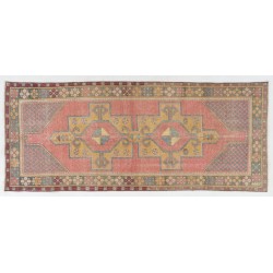 Vintage Handmade Village Rug from Turkey in Soft Red, Mustard Yellow, Green and Gray. 3.7 x 8.7 Ft (110 x 263 cm)