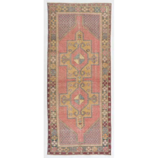 Vintage Handmade Village Rug from Turkey in Soft Red, Mustard Yellow, Green and Gray. 3.7 x 8.7 Ft (110 x 263 cm)