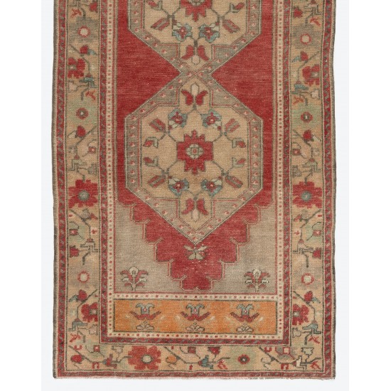 Vintage Turkish Tribal Runner Rug, Authentic Handmade Hallway Carpet with Tri-Medallions. 3.7 x 9.8 Ft (110 x 297 cm)