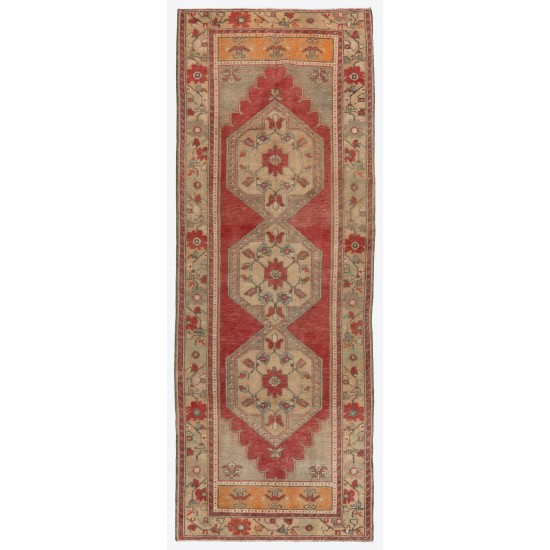 Vintage Turkish Tribal Runner Rug, Authentic Handmade Hallway Carpet with Tri-Medallions. 3.7 x 9.8 Ft (110 x 297 cm)
