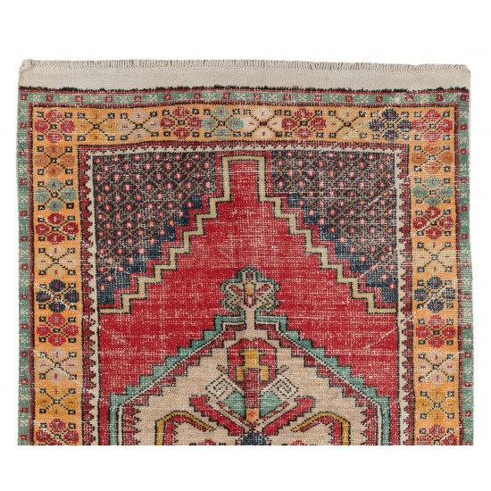 Traditional Oriental Wool Rug from 1960's, Multicolor Hand-Knotted Turkish Village Carpet. 3.7 x 6 Ft (112 x 182 cm)