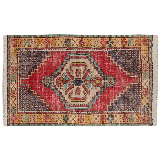 Traditional Oriental Wool Rug from 1960's, Multicolor Hand-Knotted Turkish Village Carpet. 3.7 x 6 Ft (112 x 182 cm)