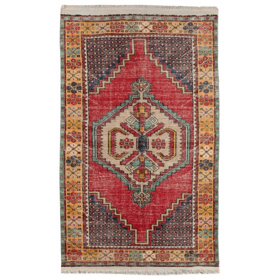 Traditional Oriental Wool Rug from 1960's, Multicolor Hand-Knotted Turkish Village Carpet. 3.7 x 6 Ft (112 x 182 cm)