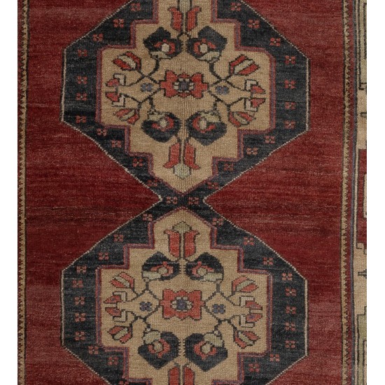 Tribal Style Turkish Rug, Handmade Vintage Carpet, All Wool. 3.7 x 7.4 Ft (112 x 223 cm)