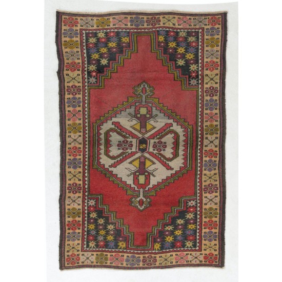 One-of-a-Kind Vintage Handmade Turkish Village Accent Rug, Circa 1960. 3.8 x 6 Ft (115 x 181 cm)