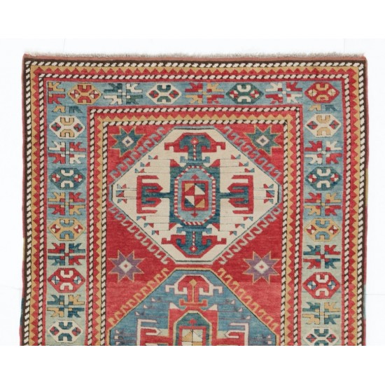 Hand-Knotted Vintage Caucasian Kazak Rug Made of Wool. 3.8 x 6.2 Ft (115 x 186 cm)