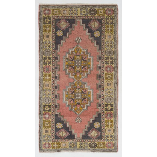 Vintage Handmade Oriental Rug, Traditional Turkish Carpet. 3.9 x 7 Ft (116 x 215 cm)