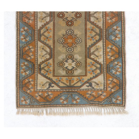 Vintage Handmade Turkish Milas Wool Rug in Beige, Blue and Orange Color. 3.9 x 6.7 Ft (117 x 202 cm)