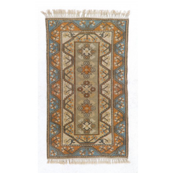 Vintage Handmade Turkish Milas Wool Rug in Beige, Blue and Orange Color. 3.9 x 6.7 Ft (117 x 202 cm)