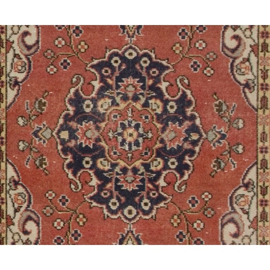 Hand-Made Turkish Rug in Red and Ivory Color. Vintage Wool and Cotton Carpet. 3.9 x 7.3 Ft (117 x 220 cm)