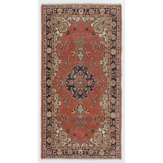 Hand-Made Turkish Rug in Red and Ivory Color. Vintage Wool and Cotton Carpet. 3.9 x 7.3 Ft (117 x 220 cm)